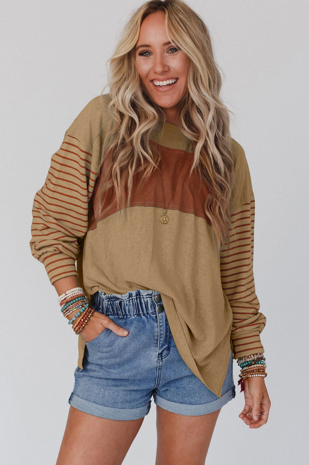 Light French Beige Colorblock Striped Bishop Sleeve Top