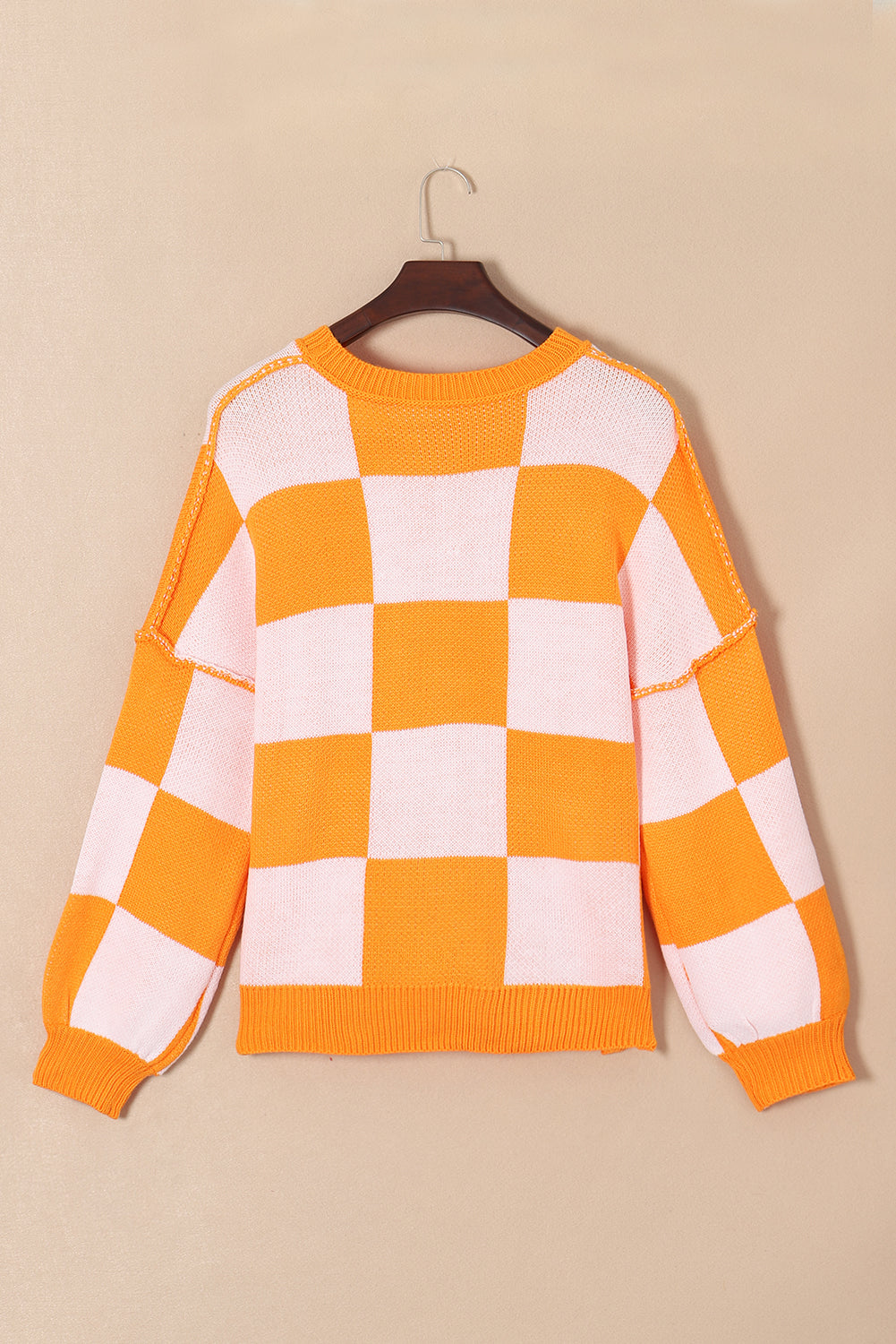 Pink Checkered Bishop Sleeve Sweater